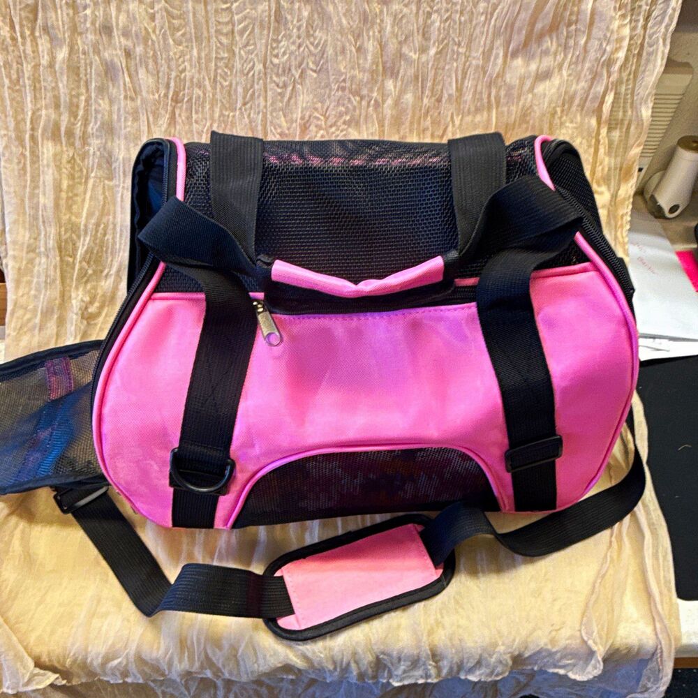 Pink & Black Mesh Soft-Sided Pet Carrier Handbag Tote w/ Shoulder Strap